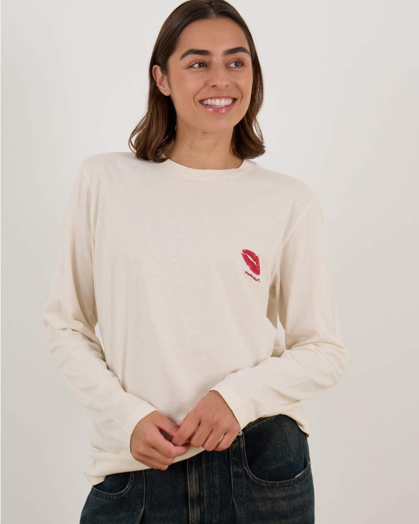 Long-Sleeve Shirt with Lipstick Detail, Off-White