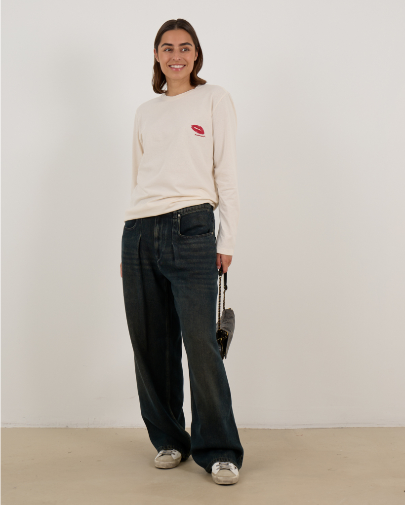 Long-Sleeve Shirt with Lipstick Detail, Off-White