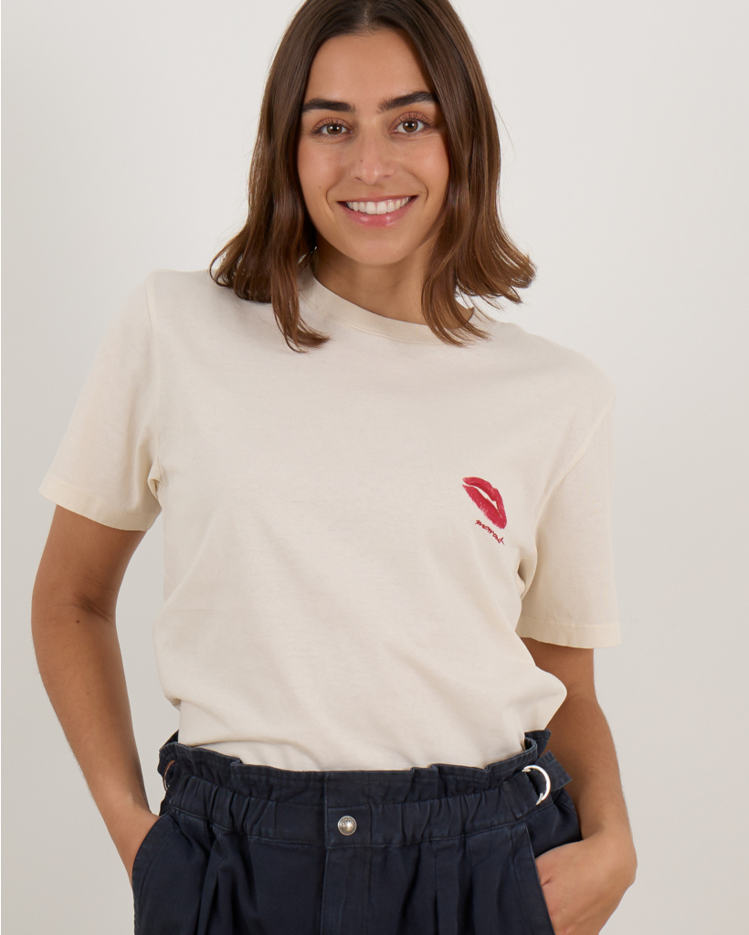 Cotton T-Shirt with Lipstick Detail in Off-White