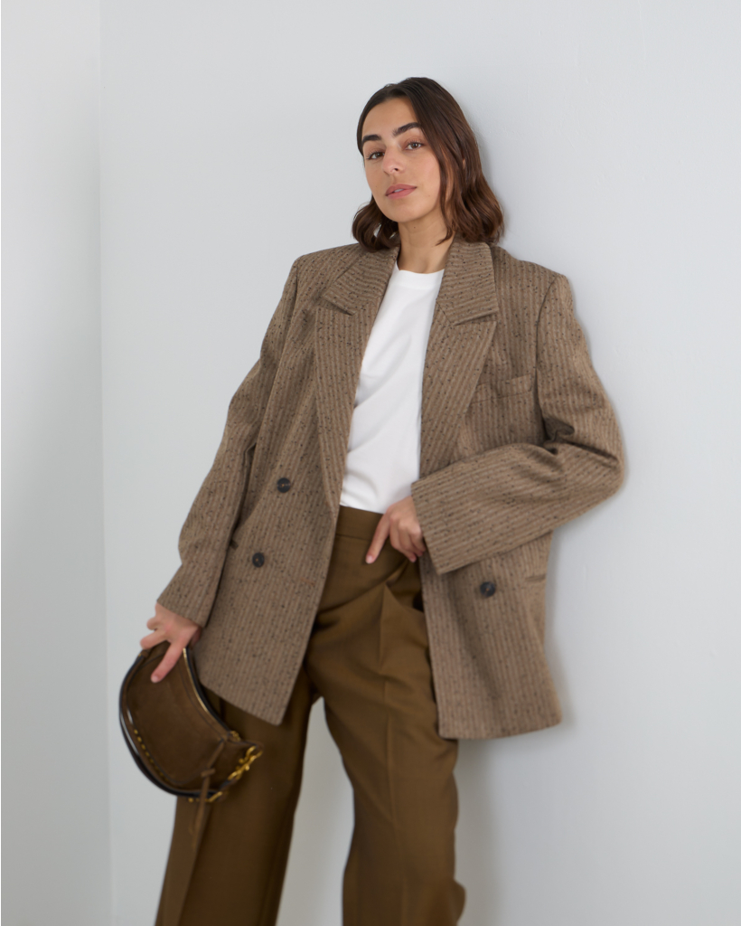 Woolen Double-Breasted Herringbone Blazer Khaki