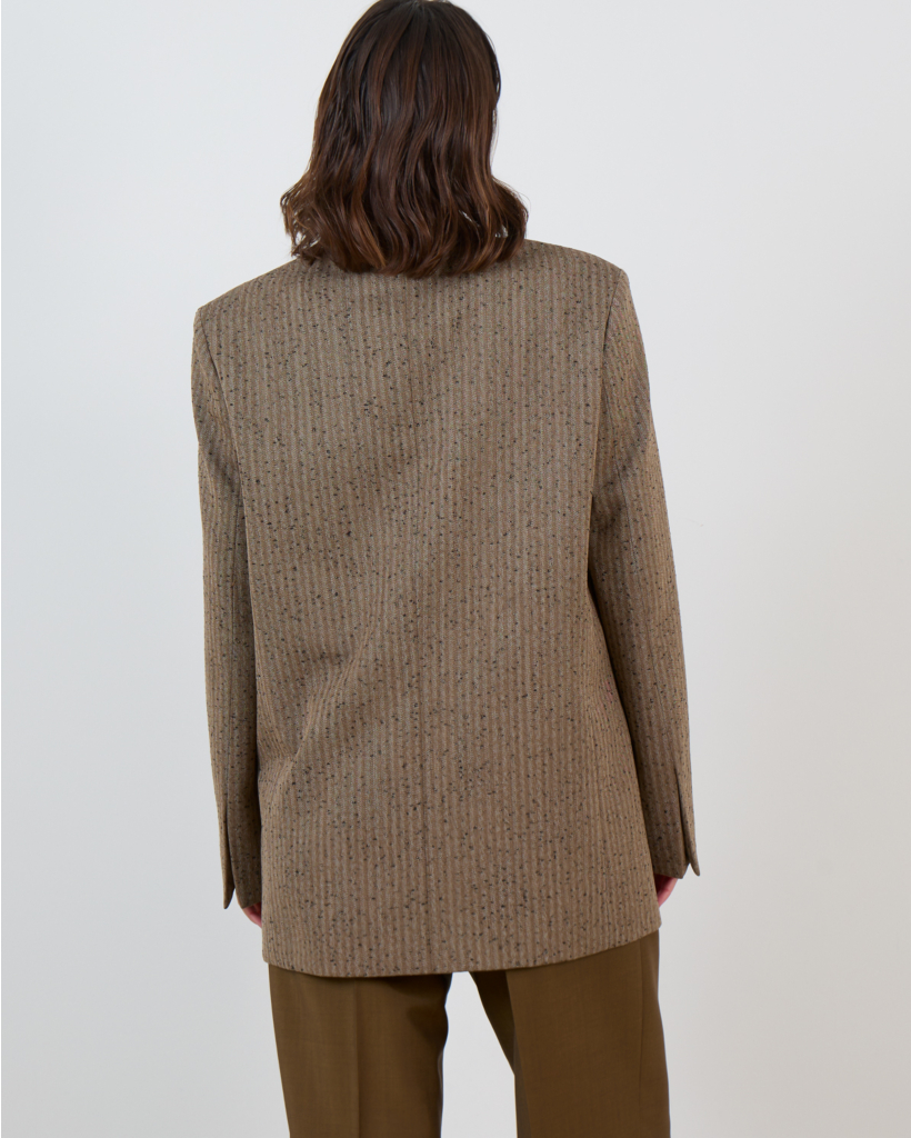 Woolen Double-Breasted Herringbone Blazer Khaki