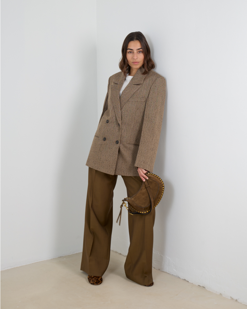 Woolen Double-Breasted Herringbone Blazer Khaki