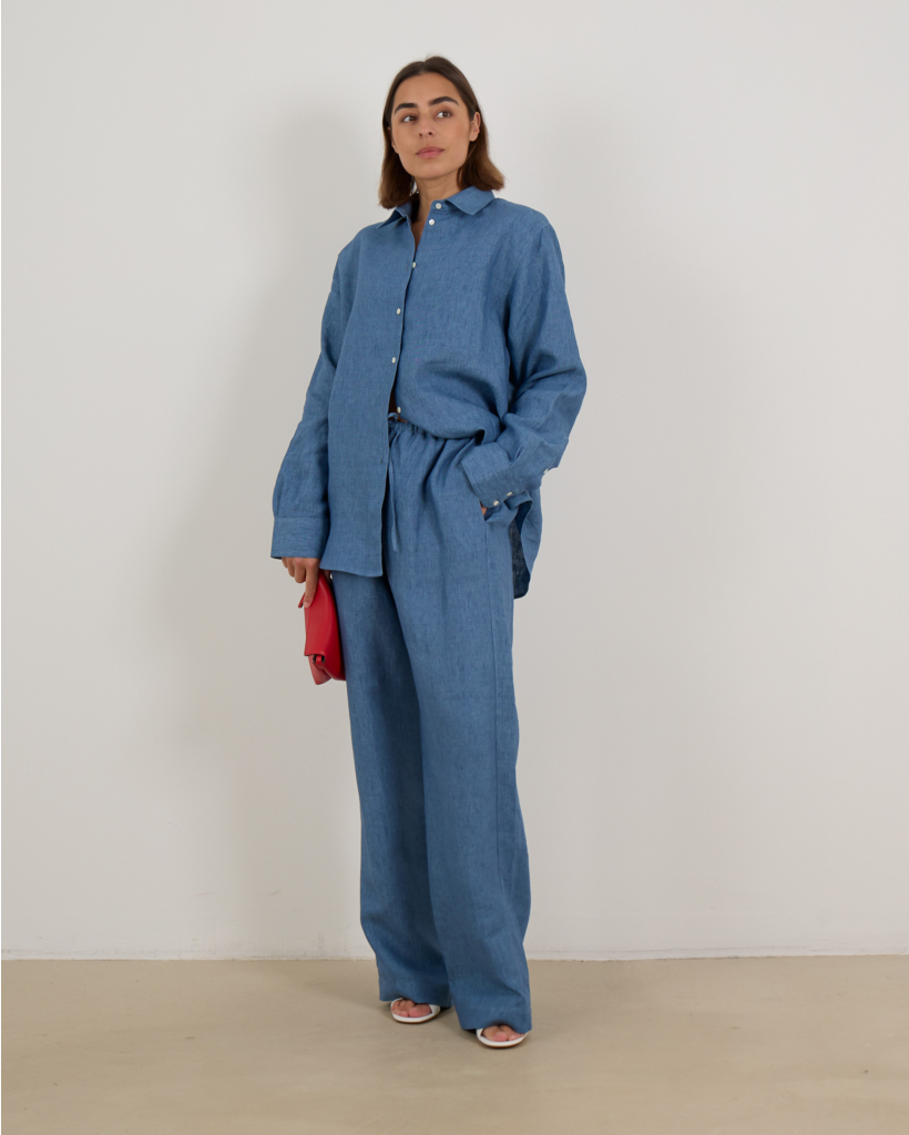 Relaxed Linen Drawstring Trousers in Blue