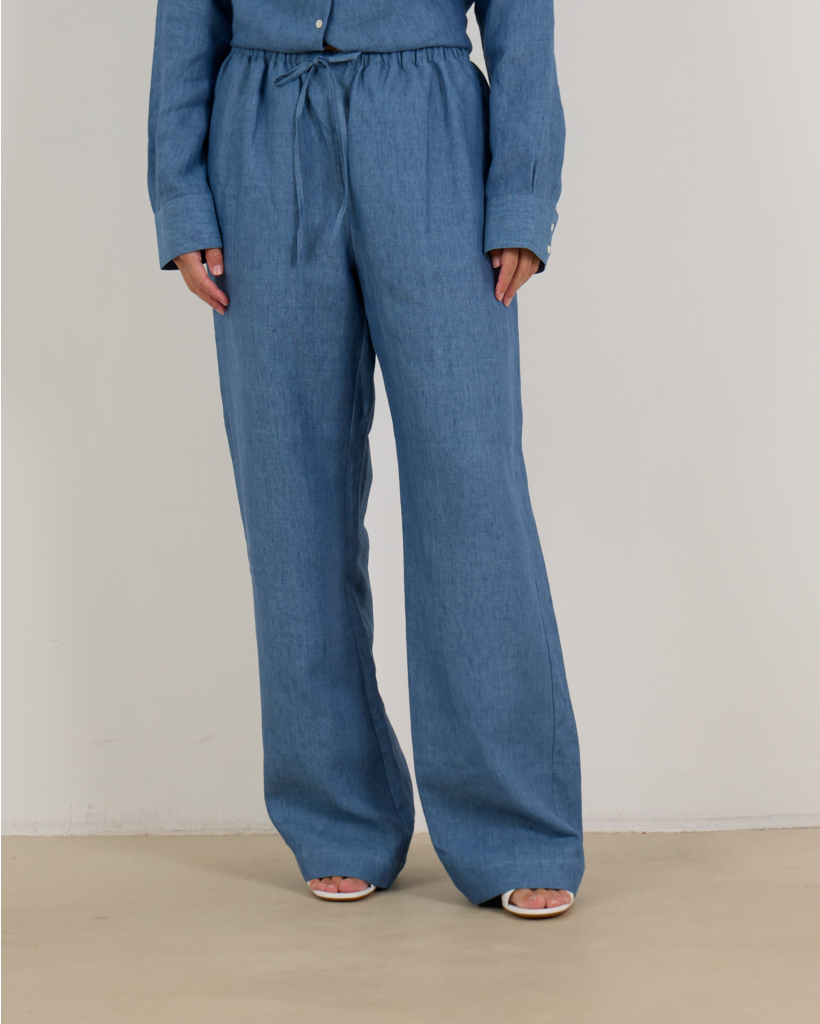 Relaxed Linen Drawstring Trousers in Blue