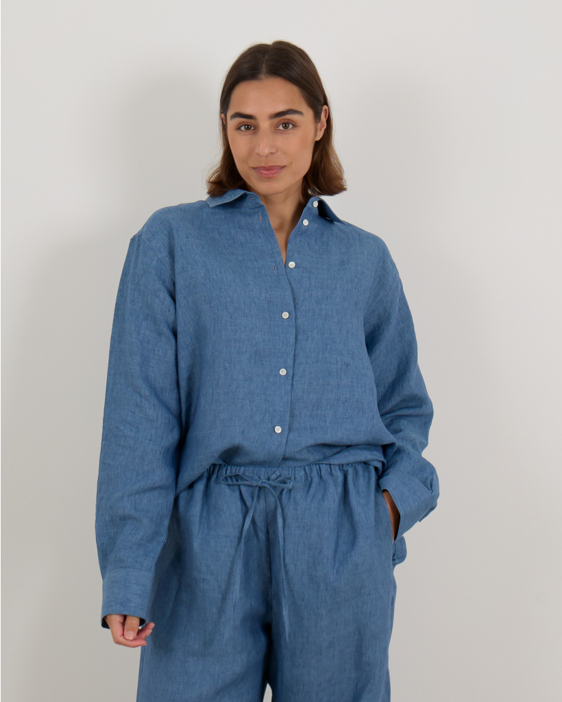 Classic Blue Chambray Linen Blouse