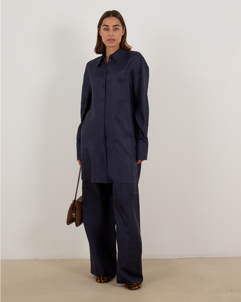 Silk Wide-Leg Trousers Navy