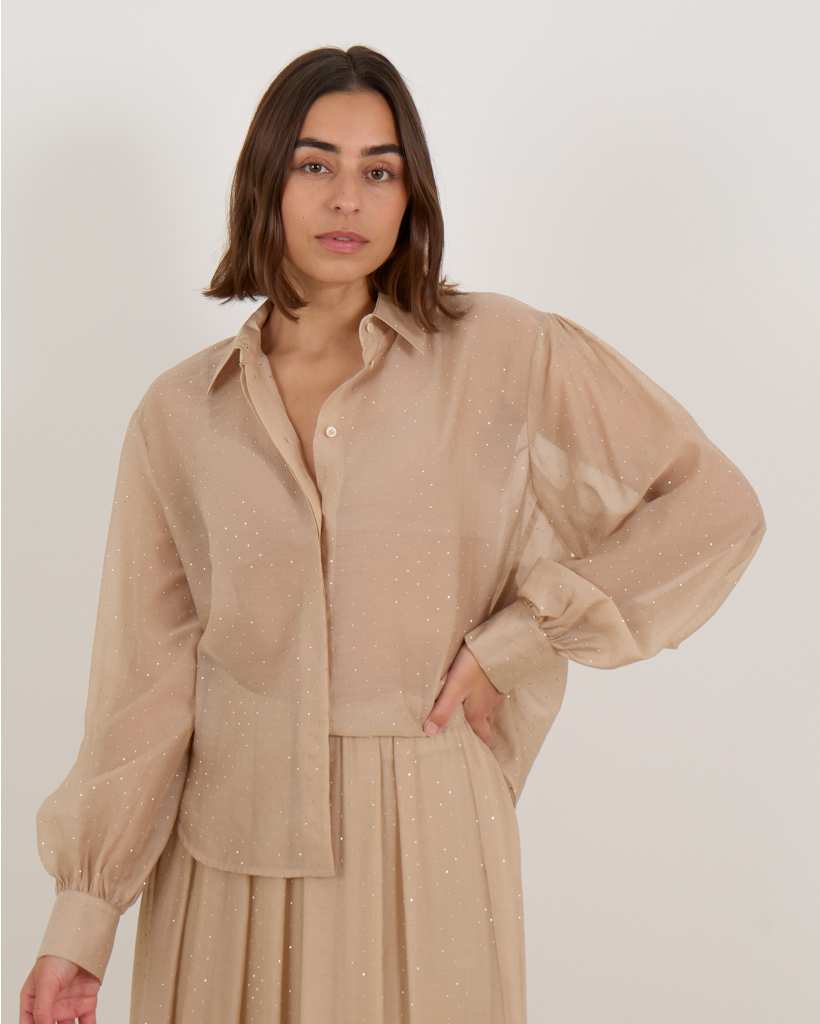 Sheer Blouse with Rhinestones - Beige