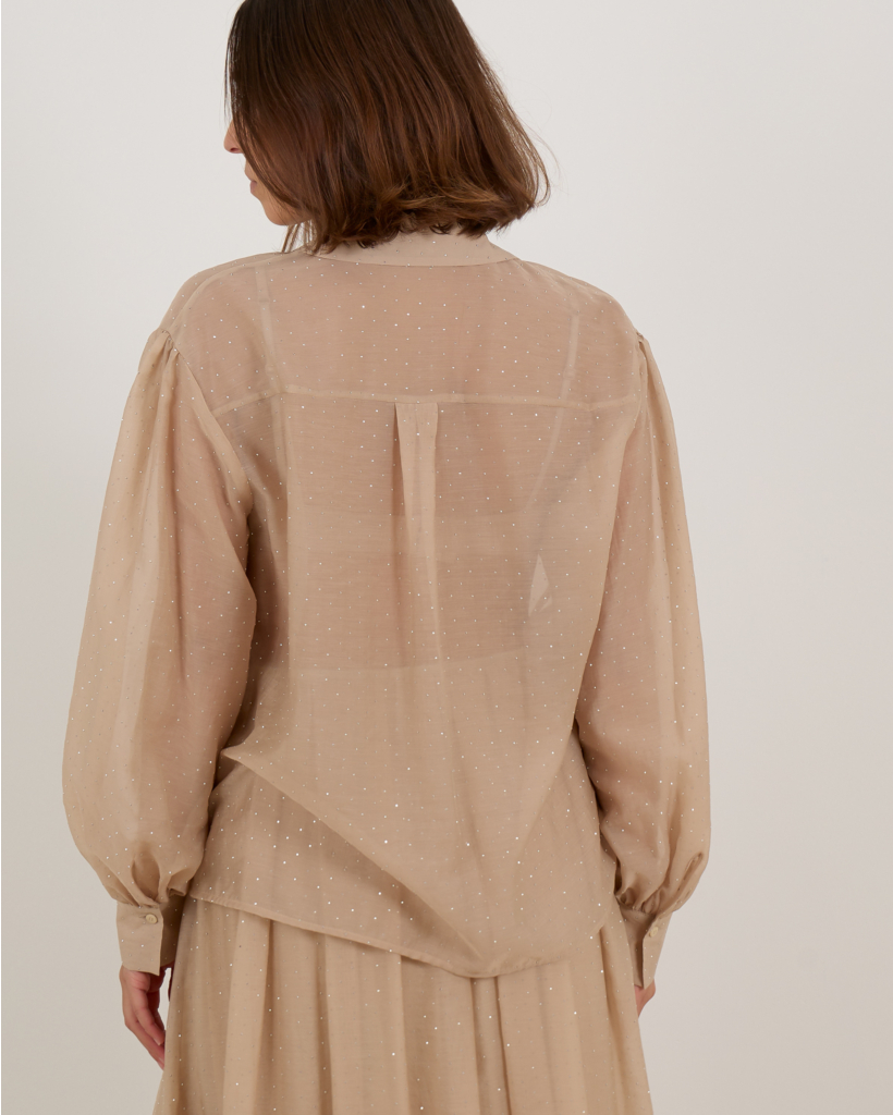 Sheer Blouse with Rhinestones - Beige