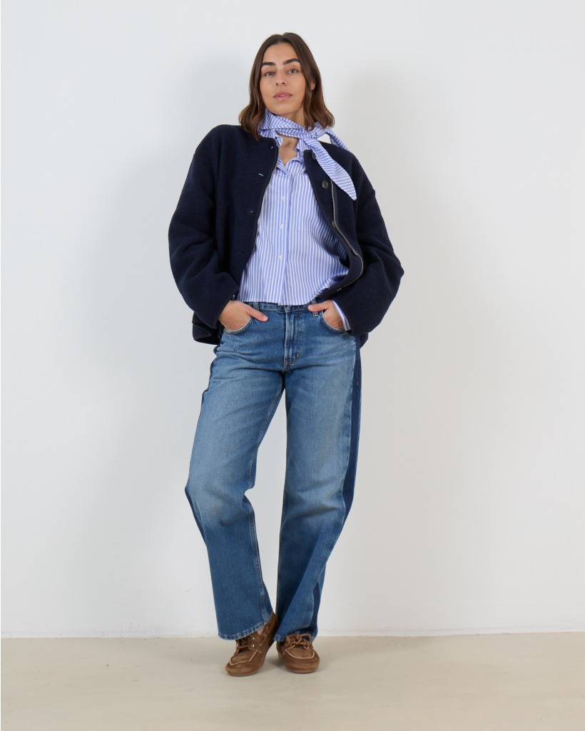 Nobody Gestreepte Blouse met Afneembare Sjaal Blauw