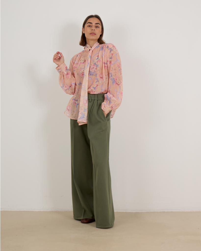 Sheer Pink Blouse with Floral Print and Bow Detail