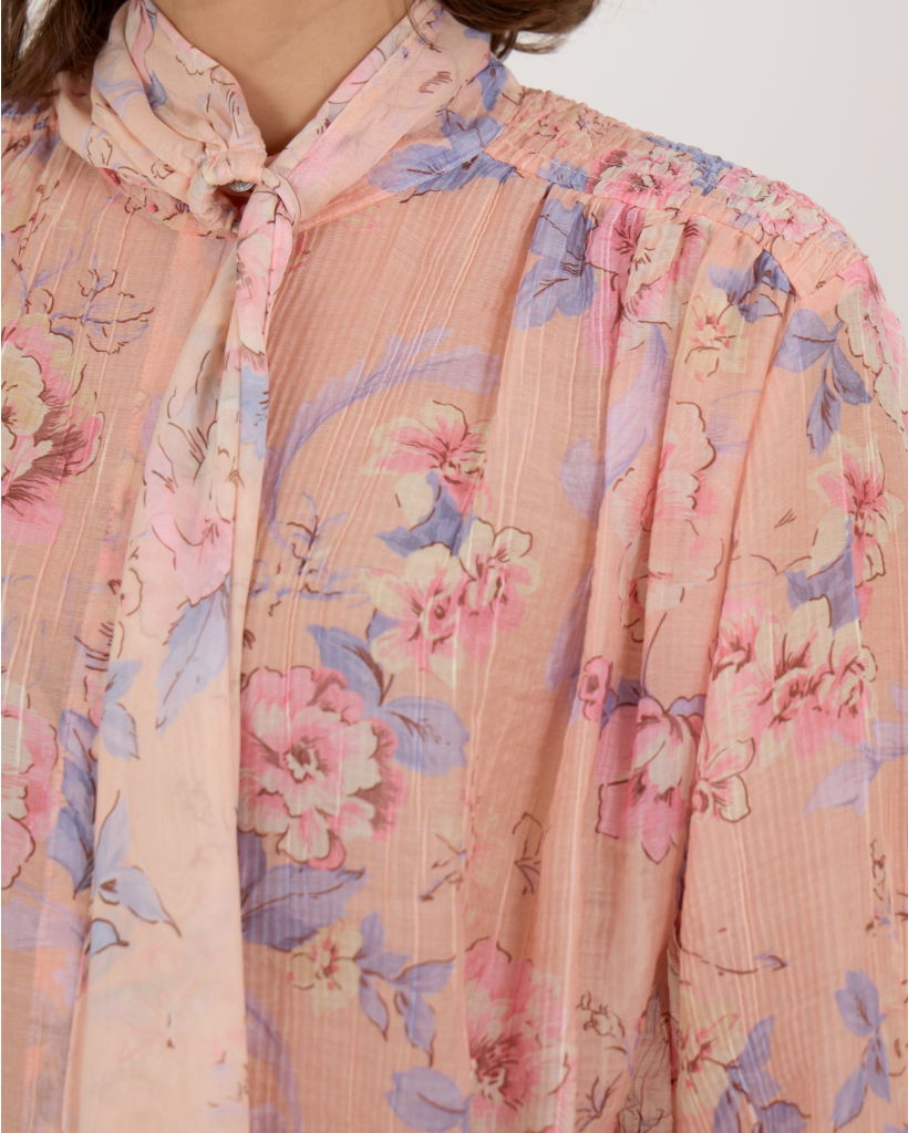 Sheer Pink Blouse with Floral Print and Bow Detail
