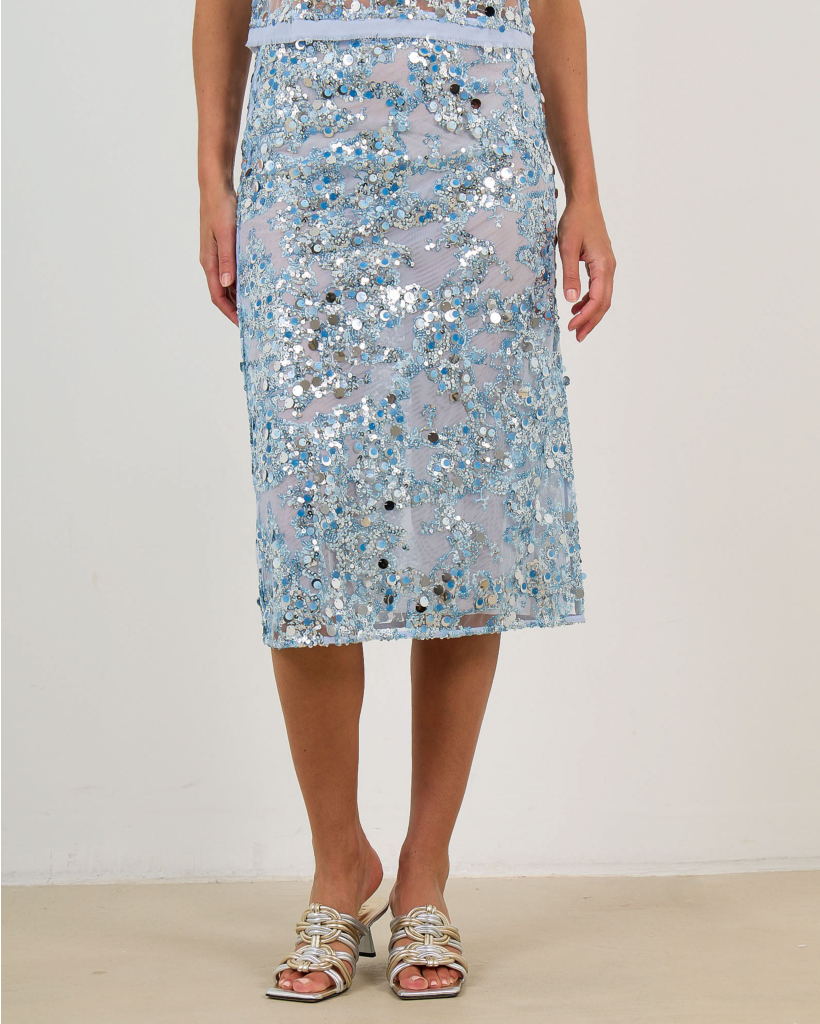 Shania Straight Midi Skirt with Sequins in Kentucky Blue