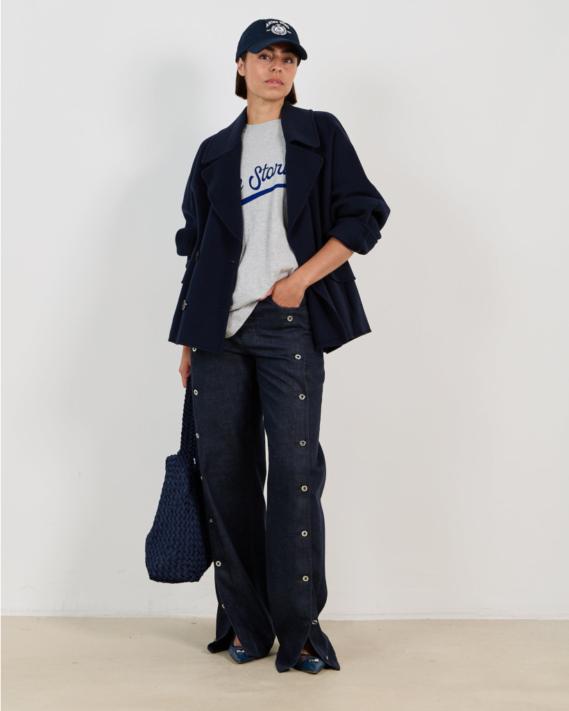 Nikka Wide-Leg Jeans with Silver Button Detail Dark Blue