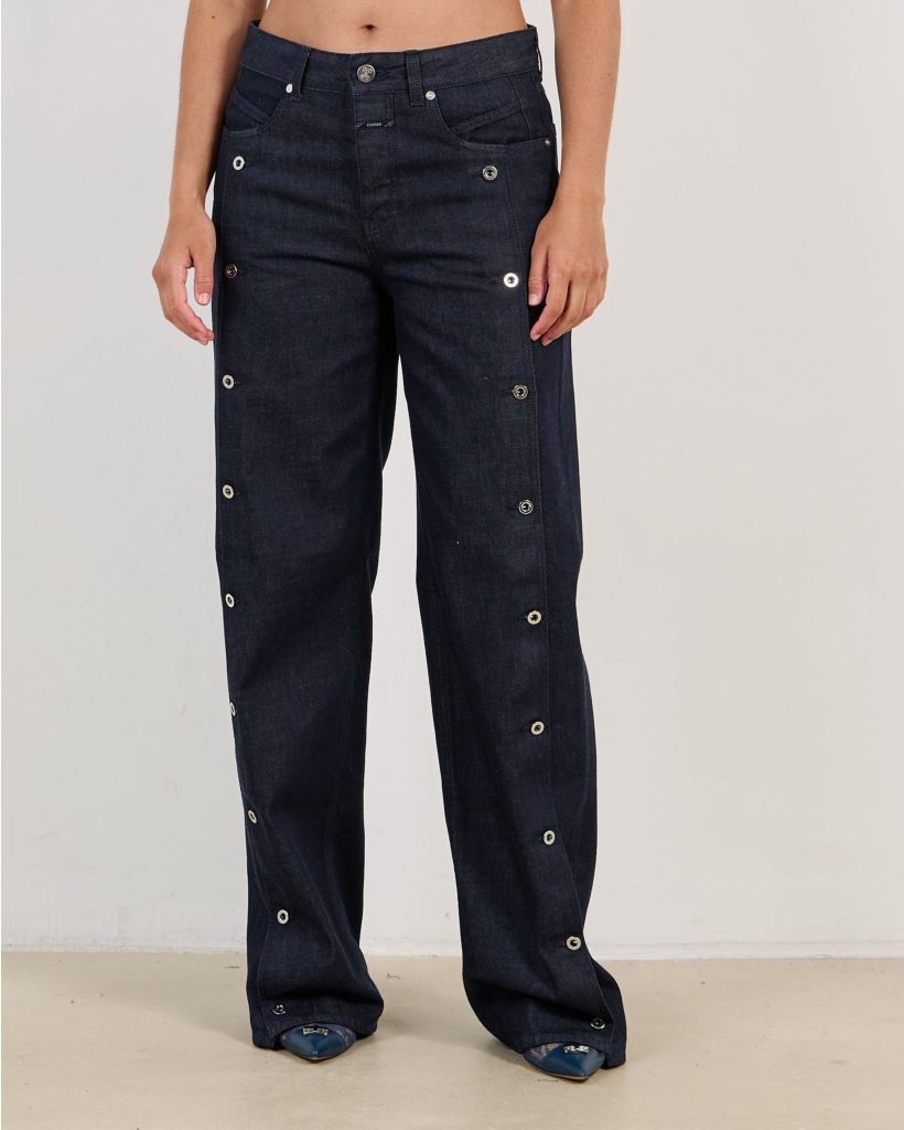 Nikka Wide-Leg Jeans with Silver Button Detail Dark Blue