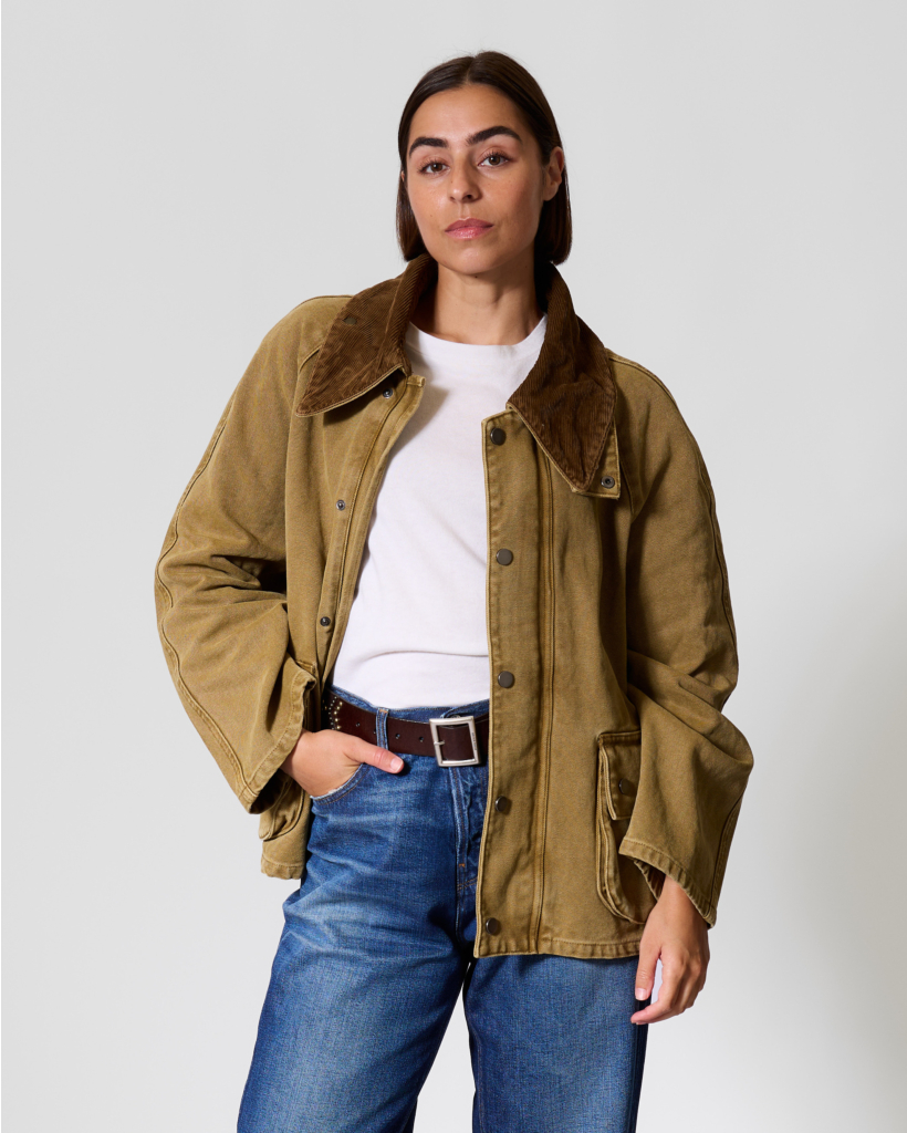 Oversized Jacket with Corduroy Collar in Khaki