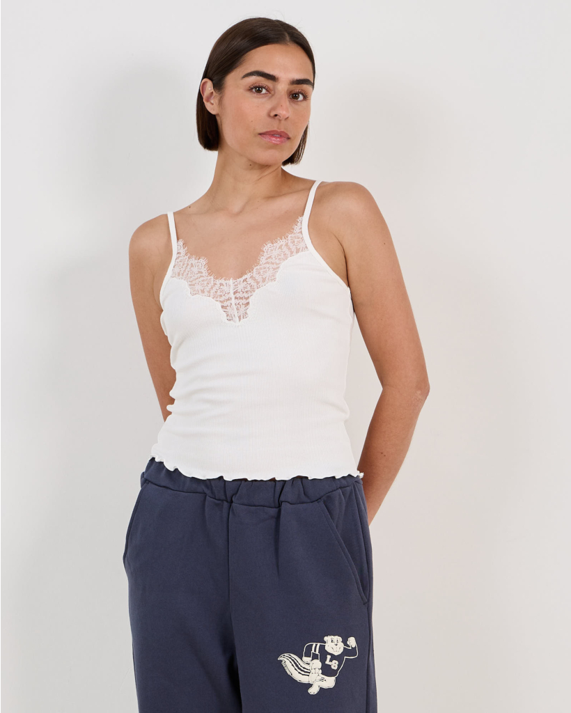 Pip Ribbed Camisole with Lace - White
