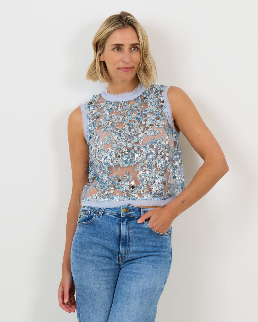 Manira Sheer Sleeveless Top with Sequins Kentucky Blue