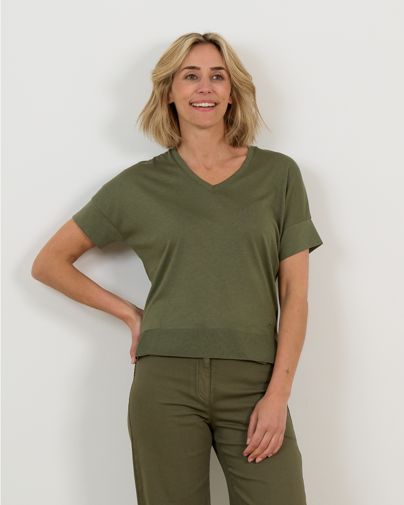 Khaki V-Neck T-Shirt with Ribbed Hem