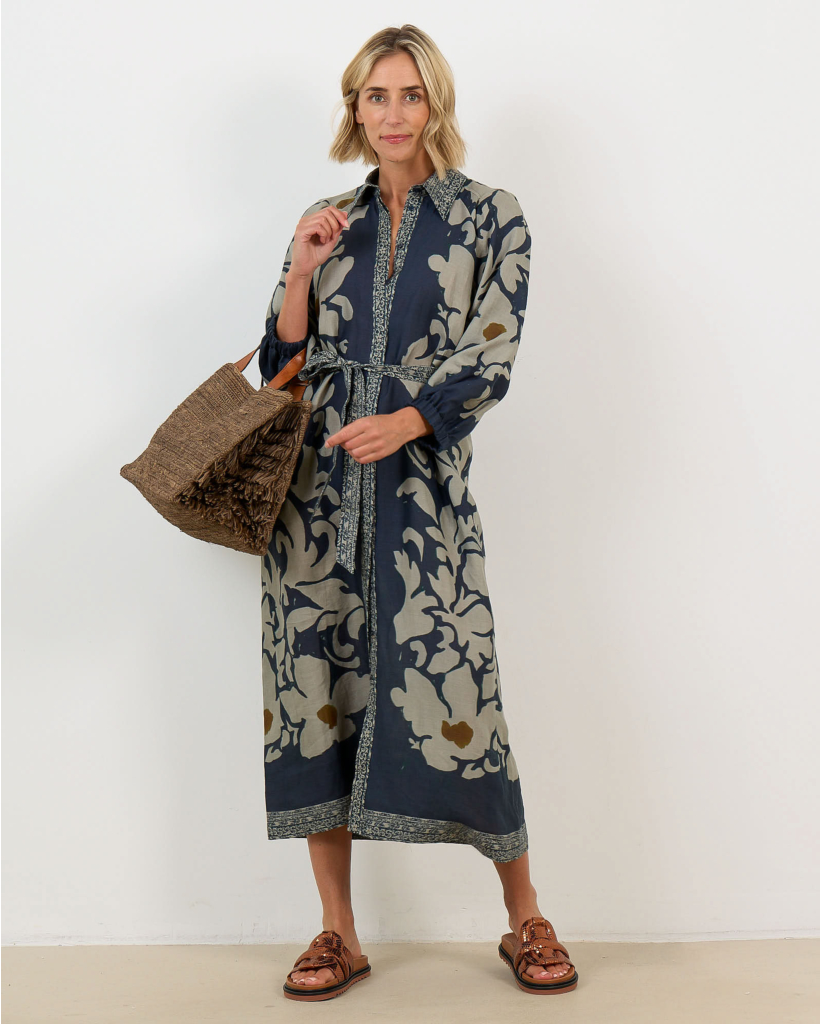 Long Dress with Floral Print Tinted Blue