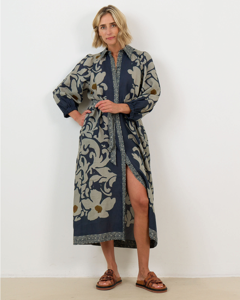 Long Dress with Floral Print Tinted Blue
