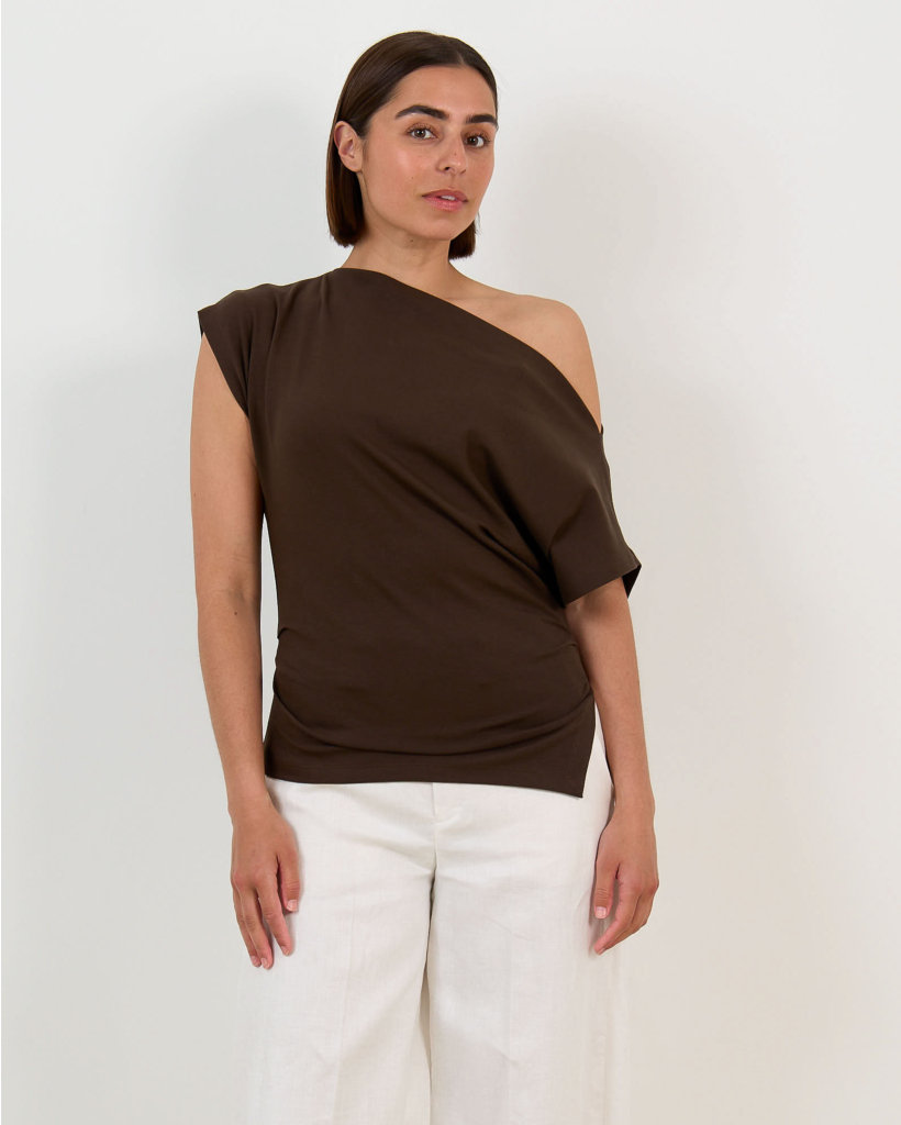 Cap-sleeve T-shirt with slit - Chocolate