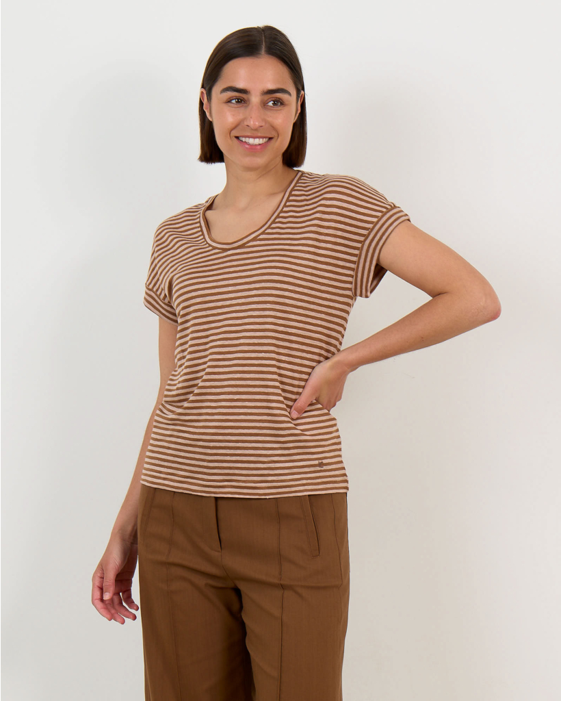 Striped Linen T-shirt with Rolled Sleeve Dark Terra