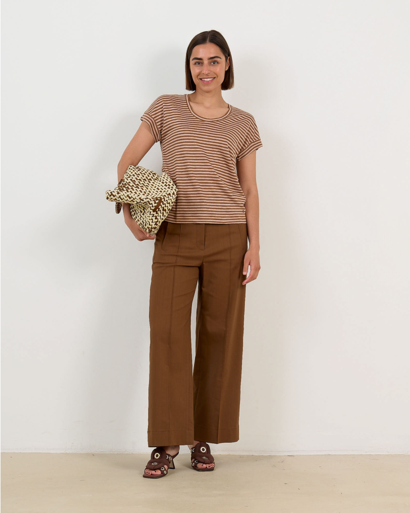 Striped Linen T-shirt with Rolled Sleeve Dark Terra