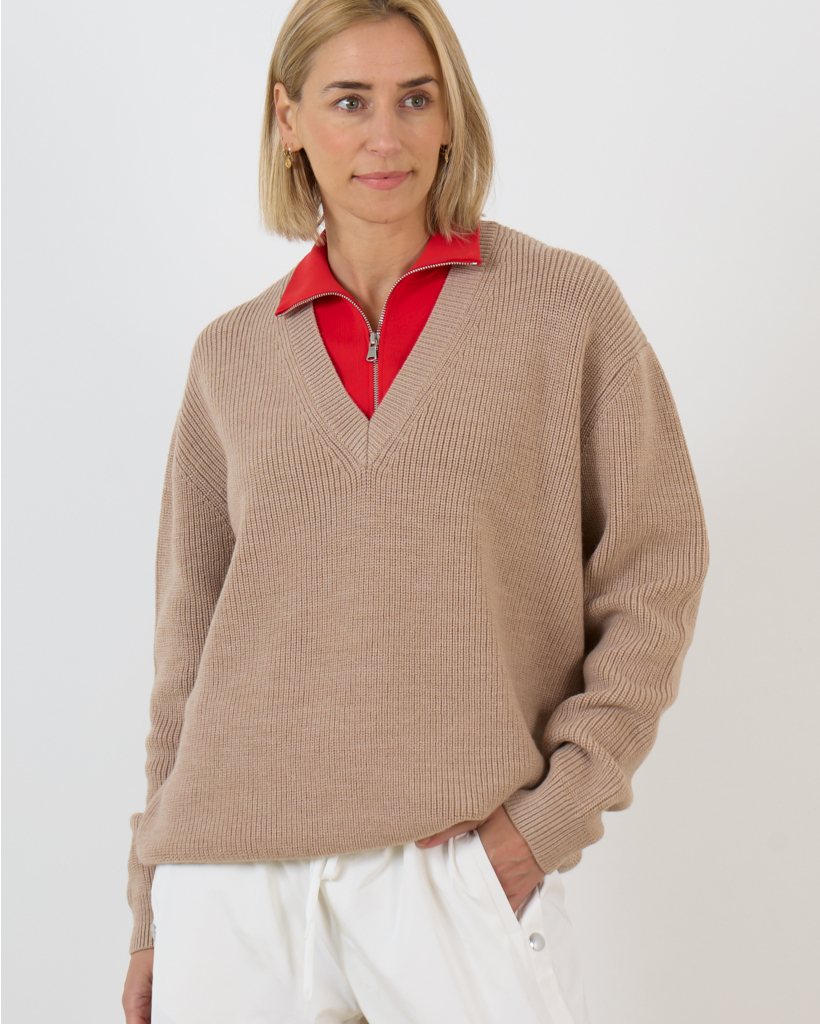 Wool V-Neck Sweater with Detachable Collar - Beige