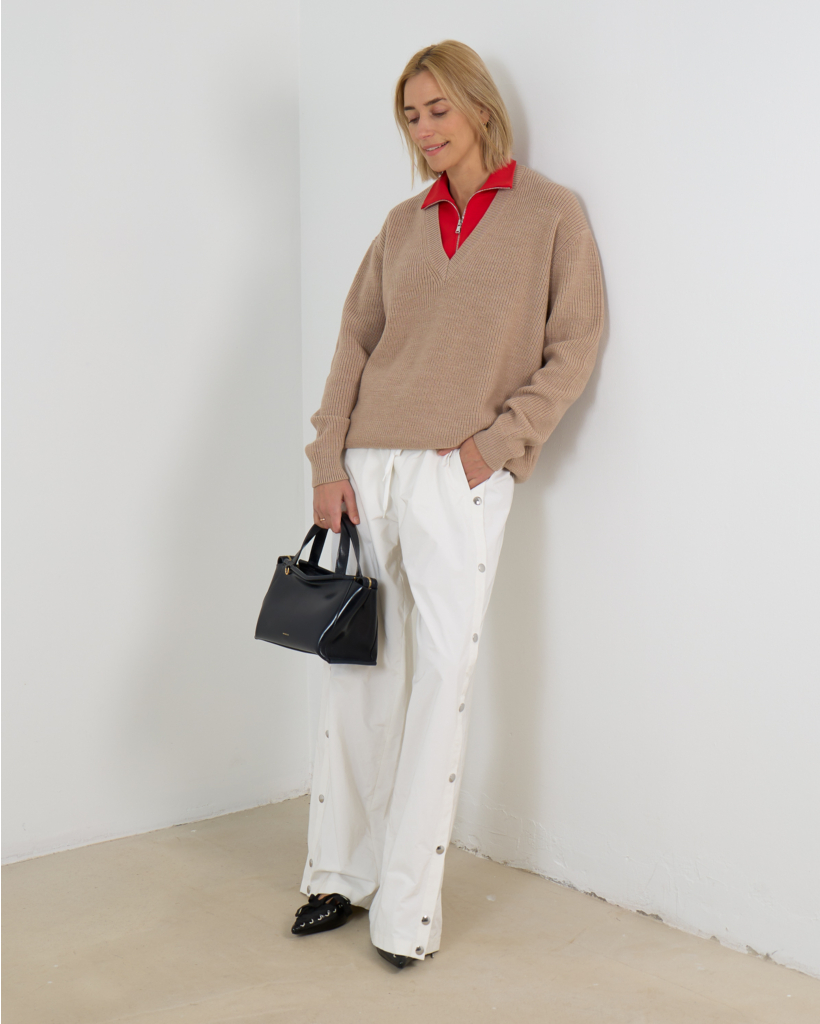 Wool V-Neck Sweater with Detachable Collar - Beige