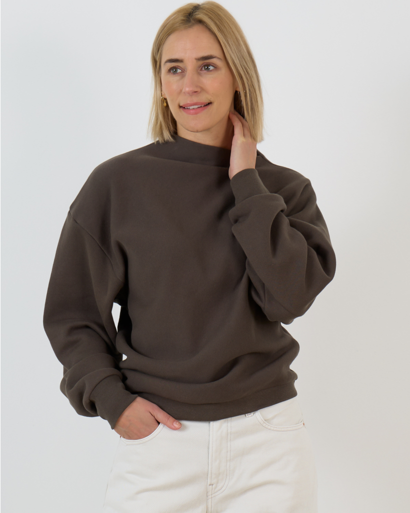 Draped Sweatshirt with Asymmetrical Neckline in Brown