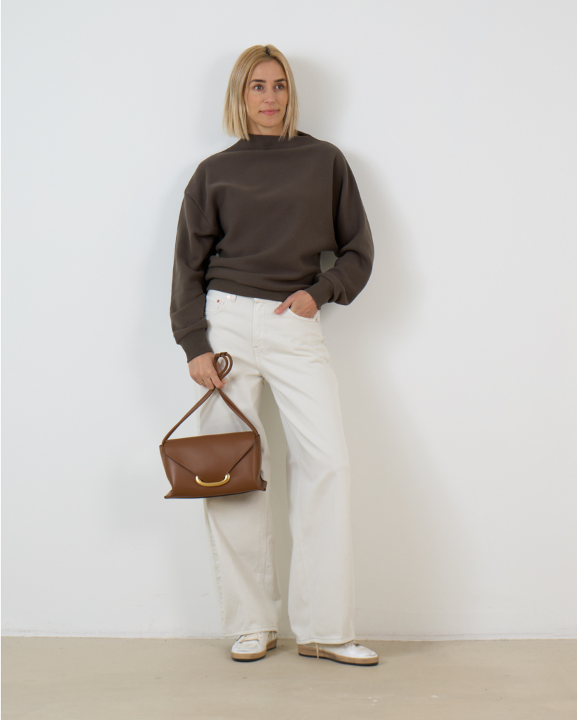 Draped Sweatshirt with Asymmetrical Neckline in Brown