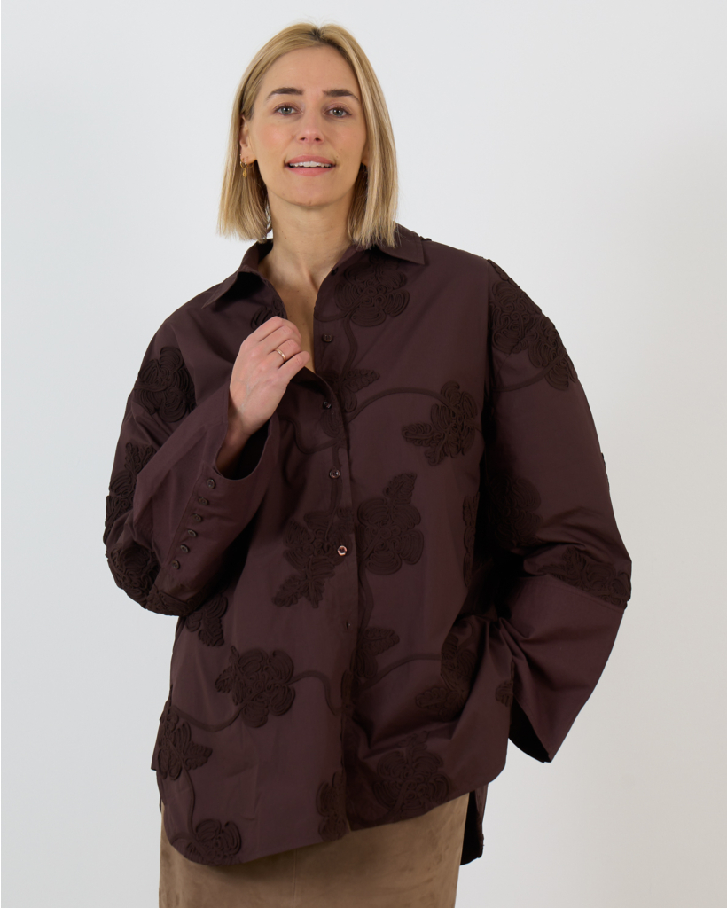 Oversized Blouse with Floral Pattern Dark Brown