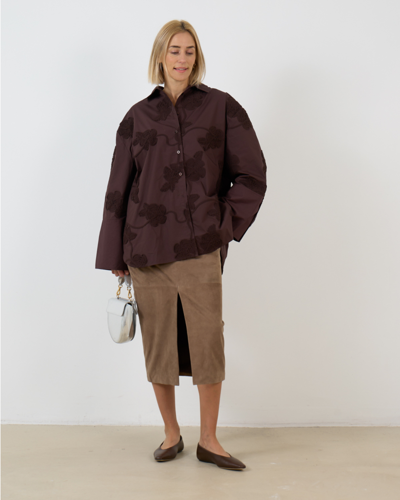 Oversized Blouse with Floral Pattern Dark Brown