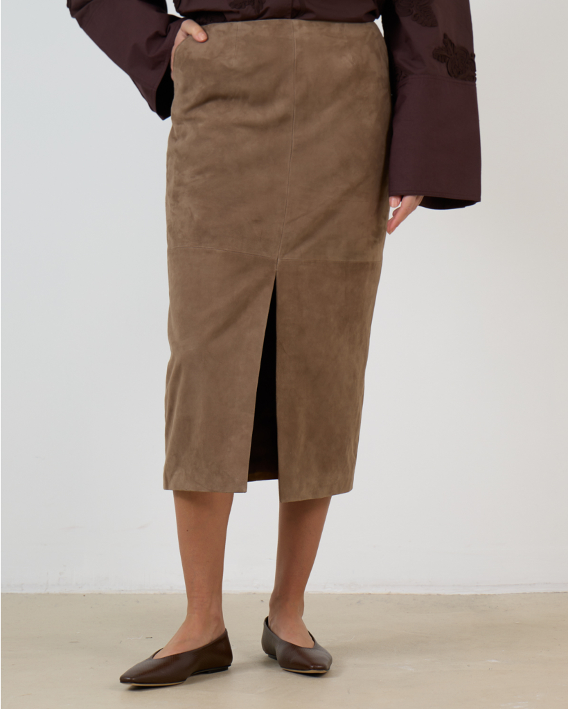 Brown Suede Midi Straight Pencil Skirt