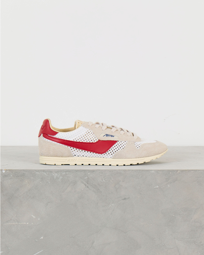 Windspin Sneakers in White/Sand and Red Mesh with Leather