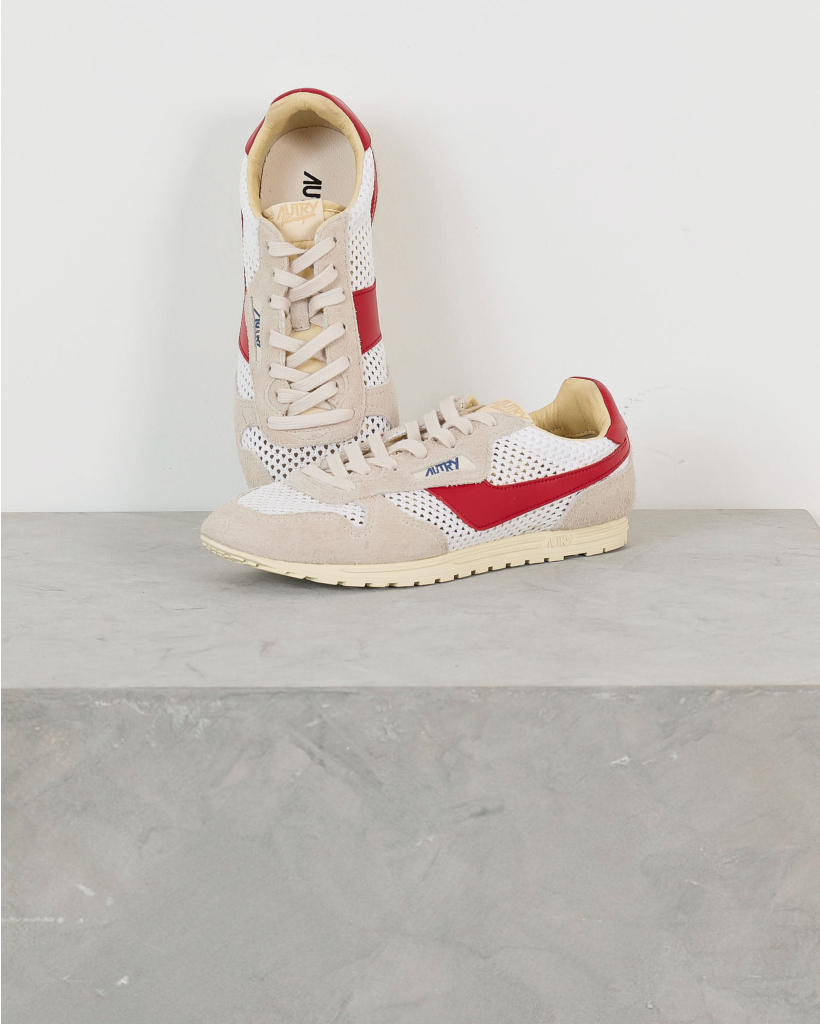 Windspin Sneakers in White/Sand and Red Mesh with Leather
