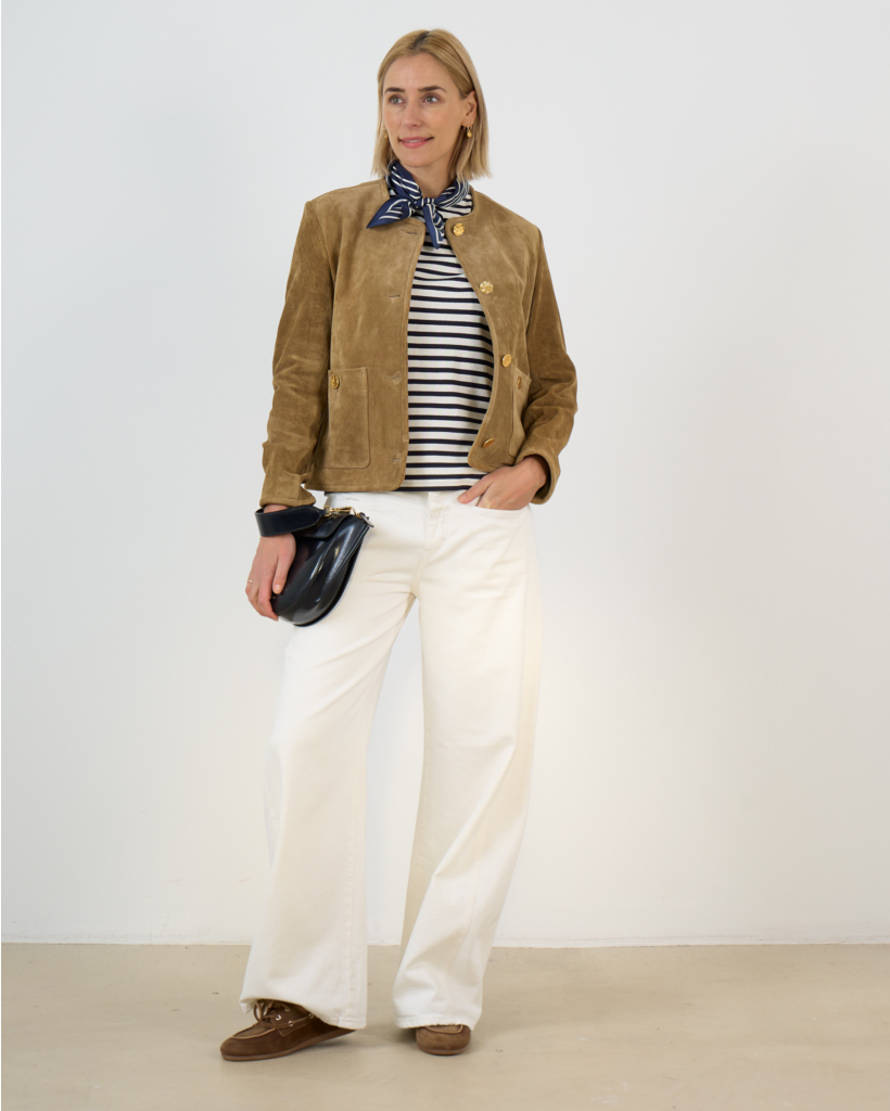 Sogno Short Suede Jacket with Gold Buttons Light Brown