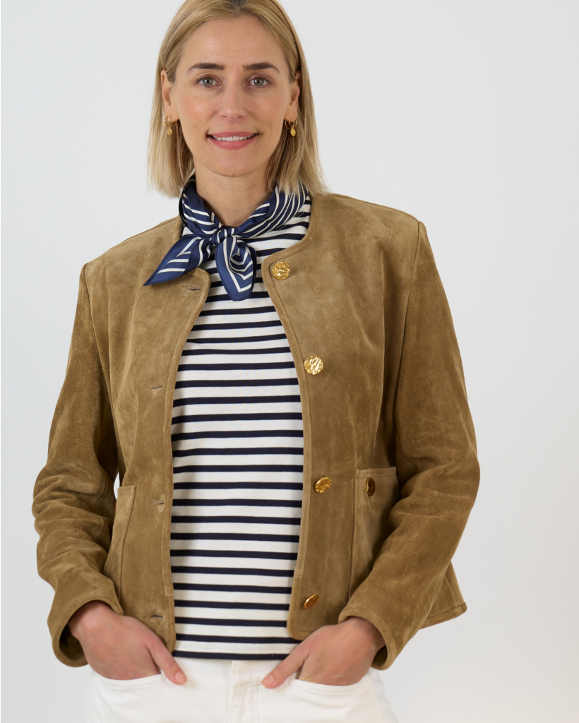Sogno Short Suede Jacket with Gold Buttons Light Brown