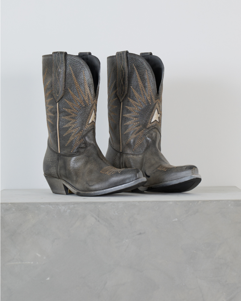 Black Leather Low Wish Star Boot with Silver Star