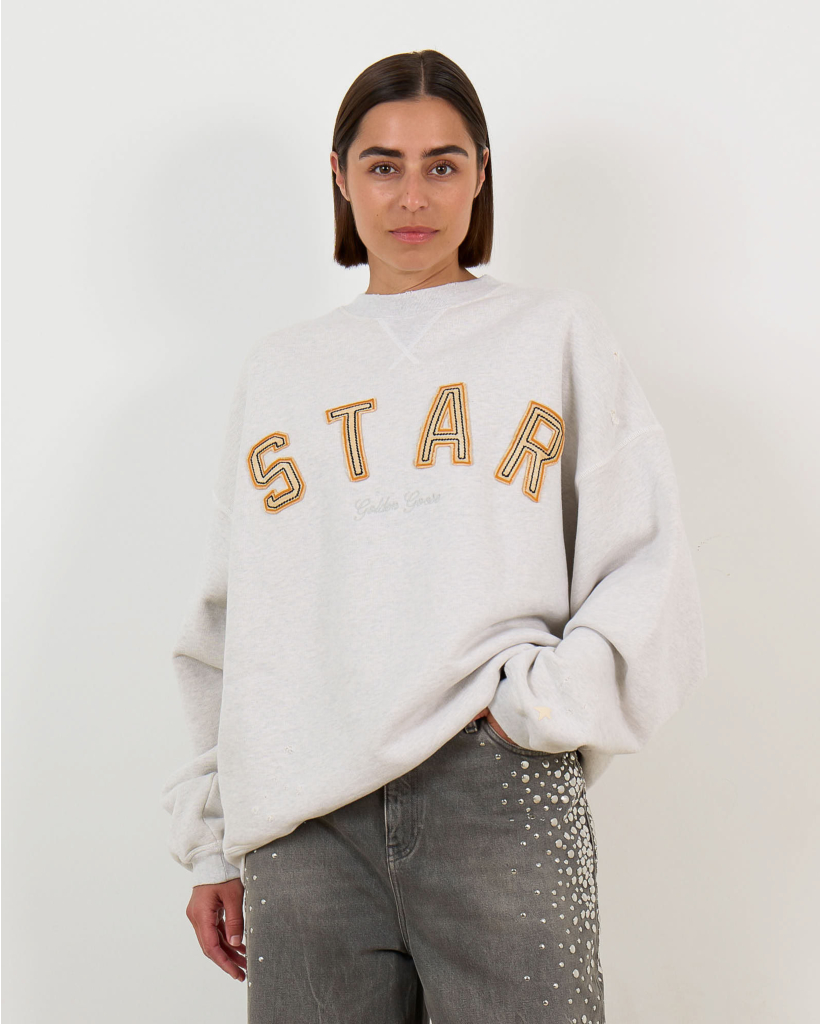 Crewneck Sweater with 'STAR' Embroidery Light Grey/Orange