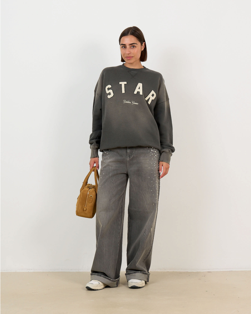 Crewneck Sweater with 'STAR' Embroidery Charcoal/Yellow