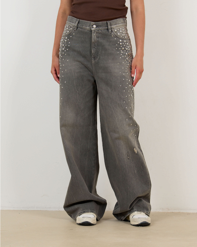 Boyfriend Jeans with Silver Studs in Grey