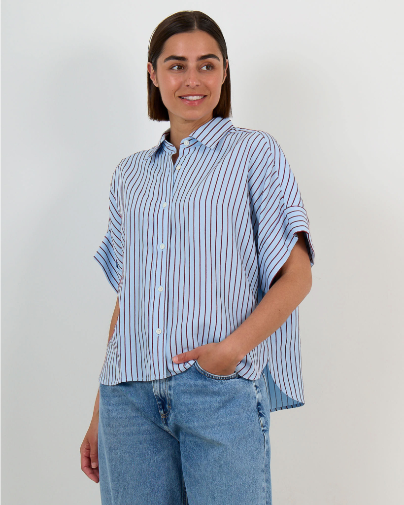 Blue Striped Short-Sleeve Blouse