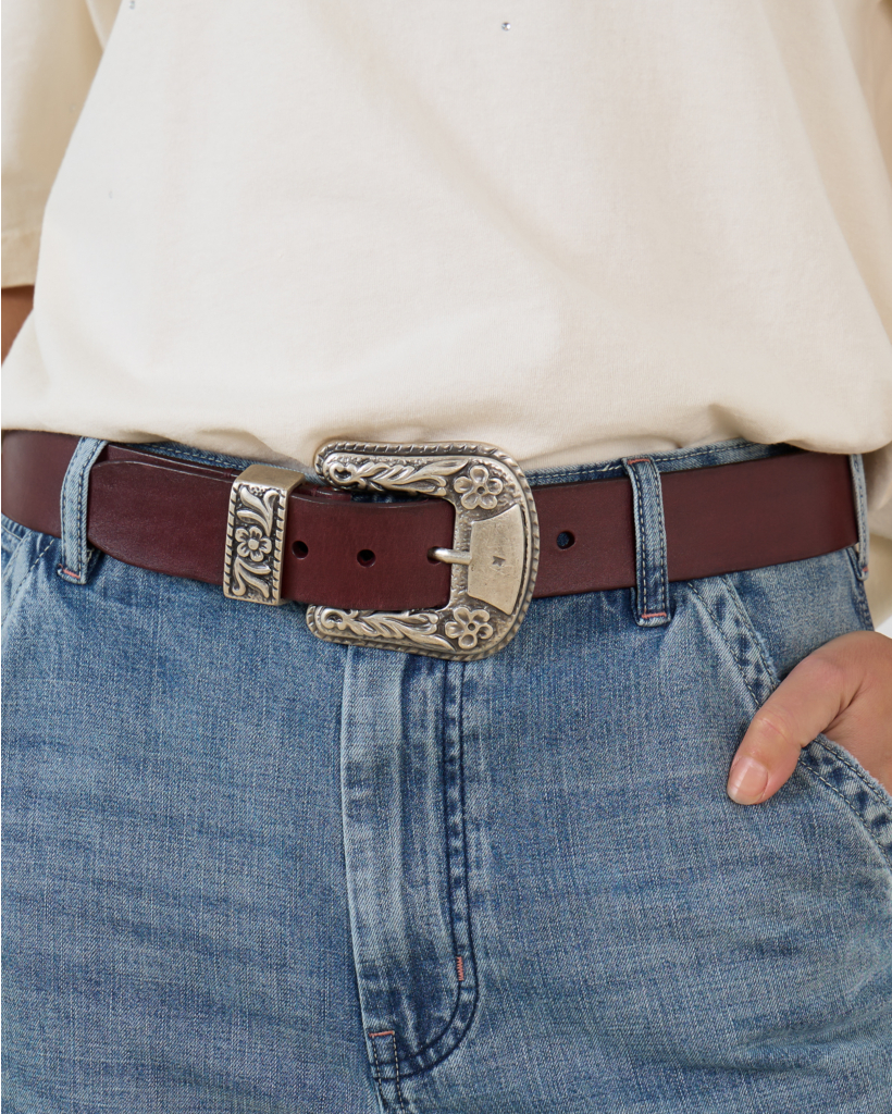 Leather Belt with Silver Buckle, Burgundy