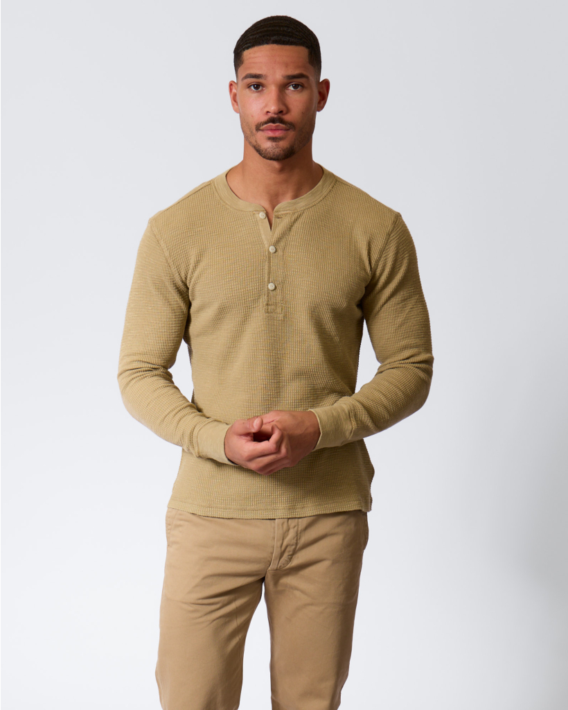 Garment-Dyed Waffle-Knit Henley Shirt Spring Beige