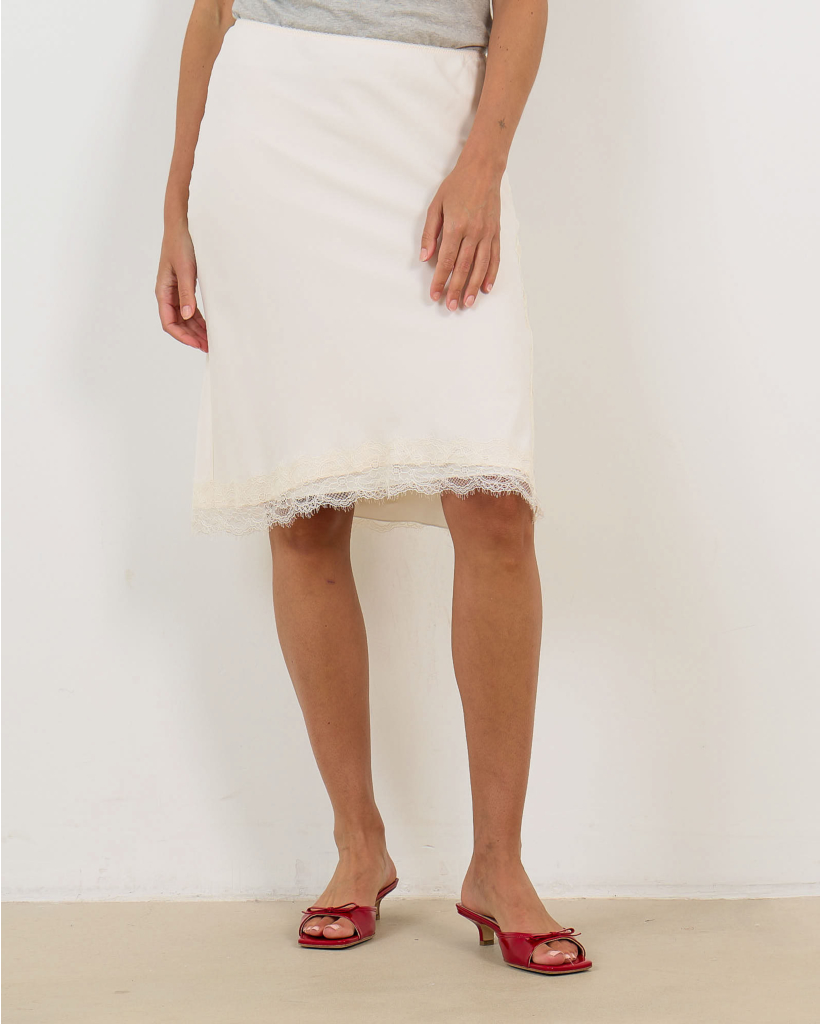 Straight Satin-Blend Midi Skirt with Lace - Off-White