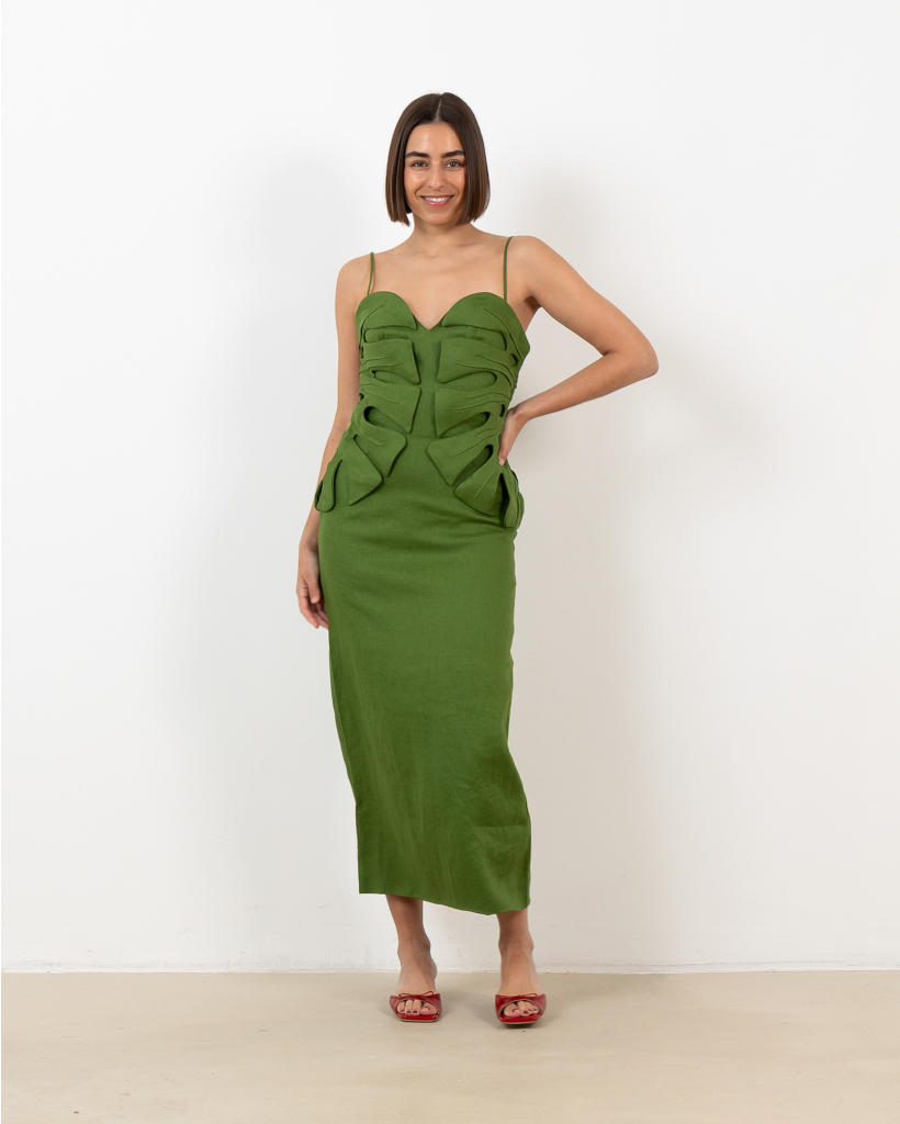 Linen Maxi Dress Monstera Green