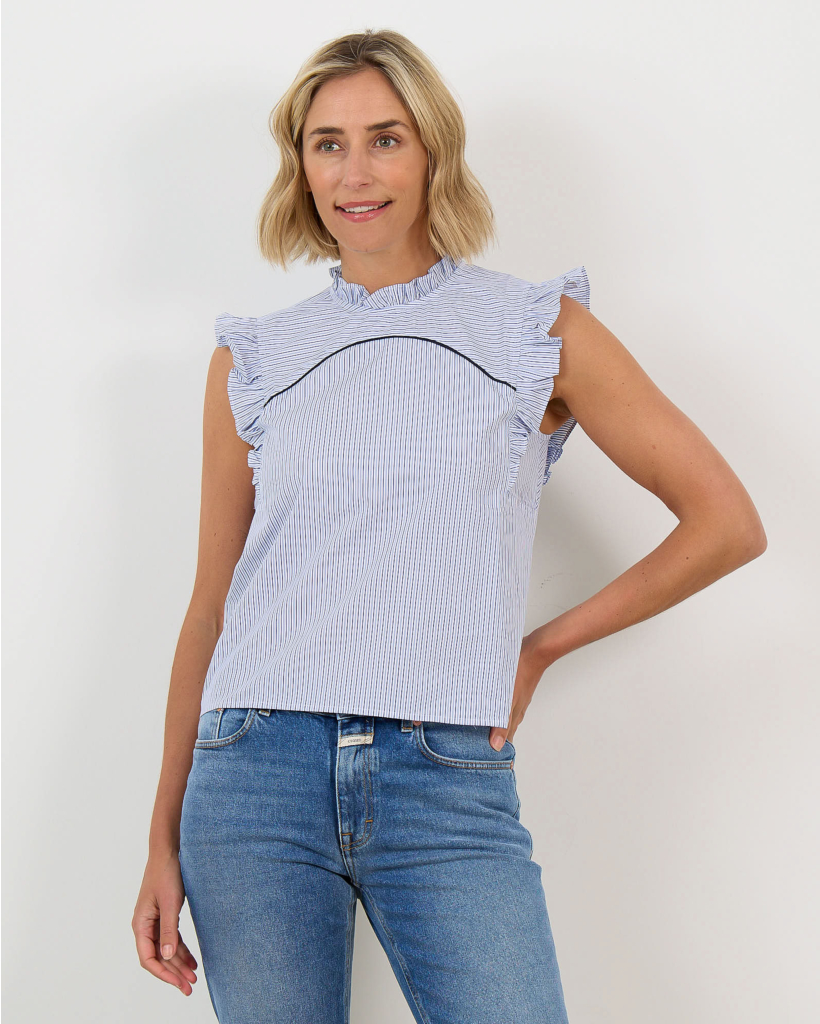 Maybel Striped Sleeveless Poplin Blouse Blue/White