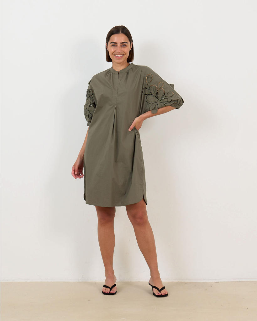Short Sleeve Broderie Midi Dress - Khaki