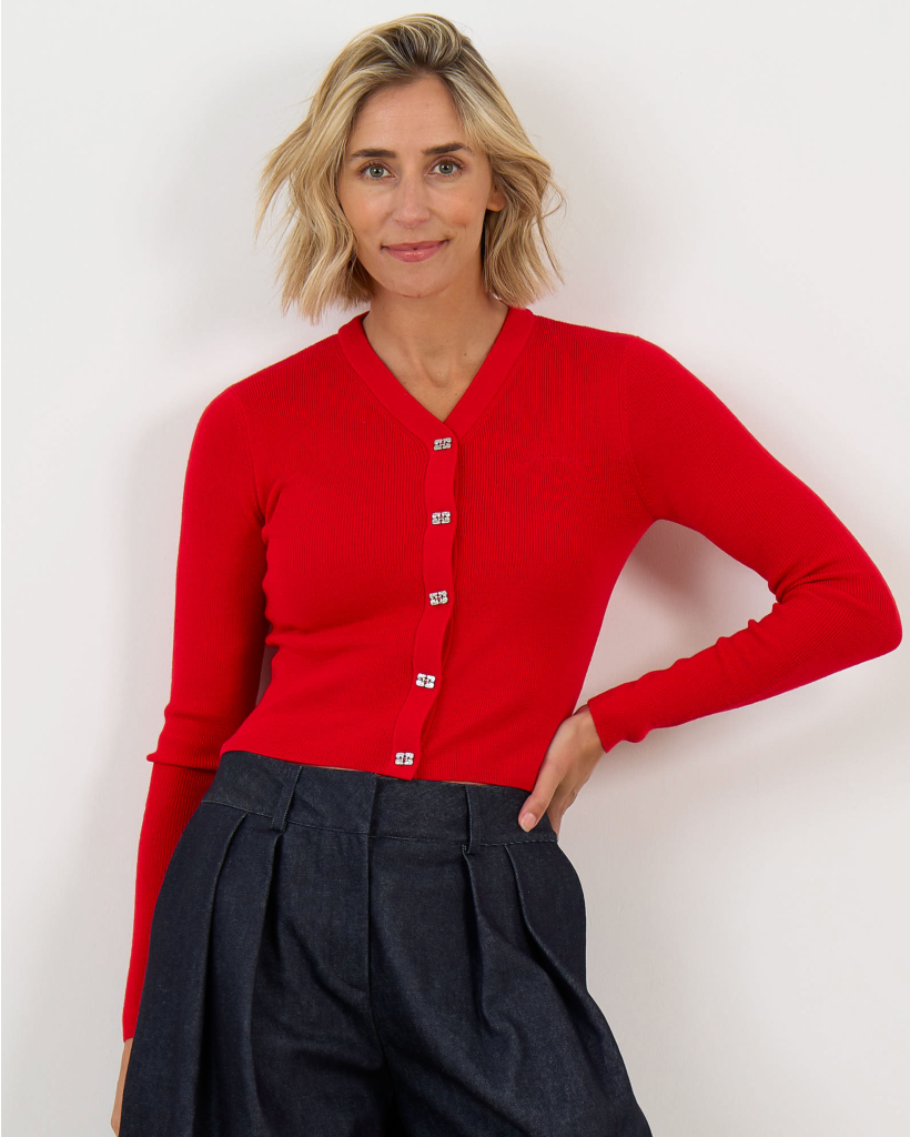 Wool Cardigan with Silver Buttons - Goji Berry